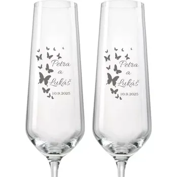 Sklenice Svatební skleničky na sekt Motýly, 2 ks (Do poznámky v nákupním košíku napište jména novomanželů a datum svatby)