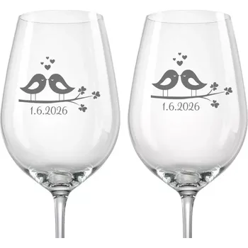 Sklenice Svatební skleničky na víno Ptáčci, 2 ks (Do poznámky v nákupním košíku napište datum svatby)