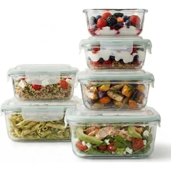 Dóza na potraviny 6x Skleněné nádoby na potraviny s víkem, žáruvzdorná sada obědových boxů