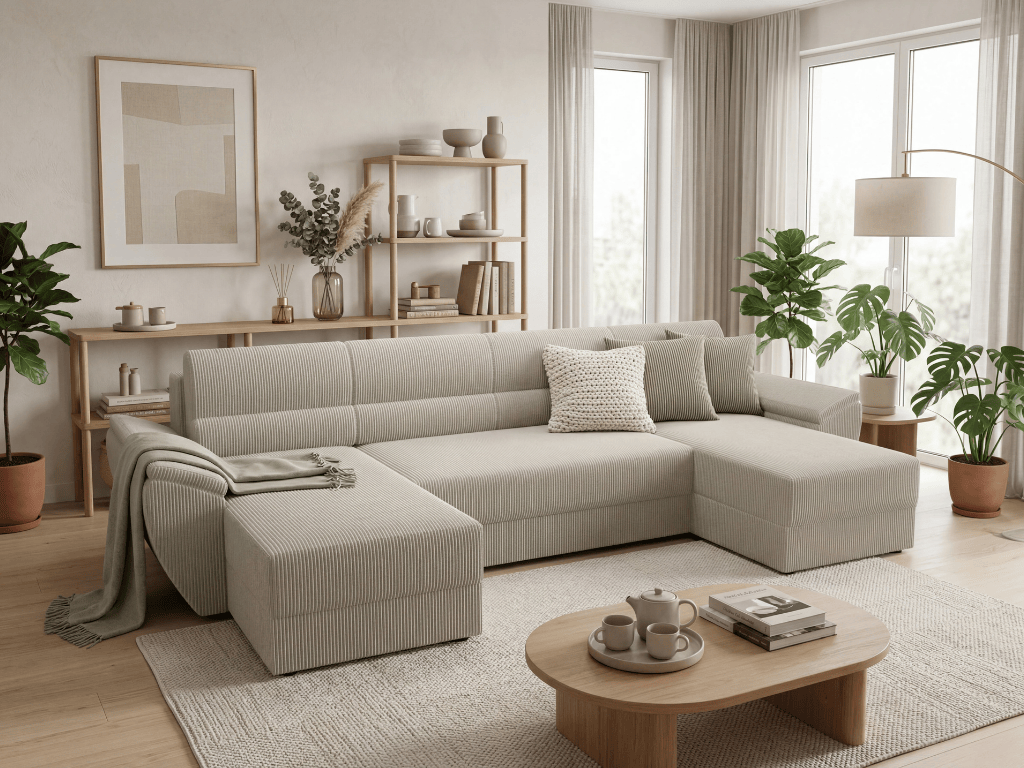 Rozkládací sedací souprava do U TAVERO 321x140 cm, světle béžová Poso 100