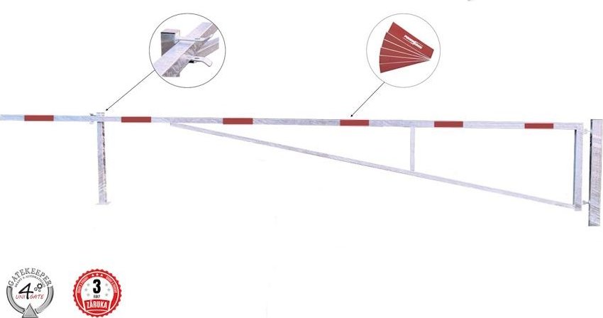 Manuální závora s protisloupkem, reflexními polepy, v délce 6m, pozink