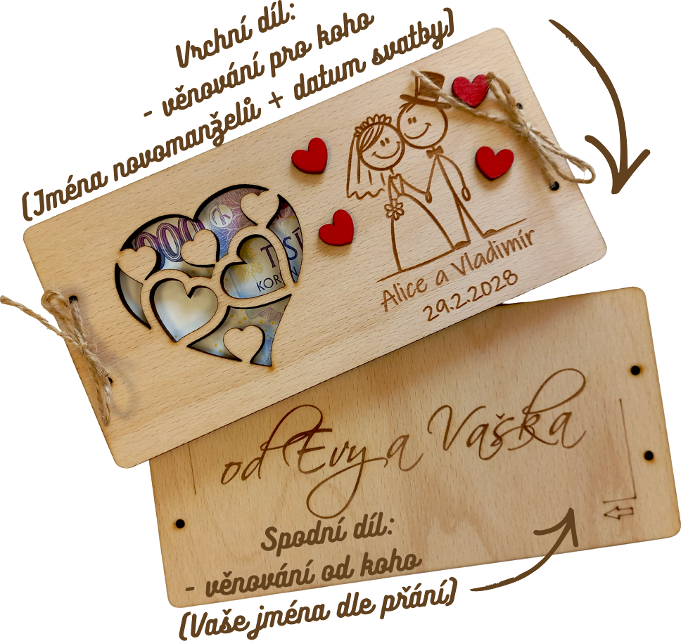 Dekorace z Česka Svatební dřevěné přání na peníze - srdce - novomanželé Nápis: Vlastní jména + věnování od koho na spodní díl + PLATBA PŘEDEM!