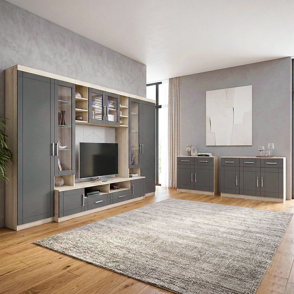 Obývací stěna PARIS + 2x komoda | 340 cm + 103,4 cm + 69 cm | sonoma/grafit