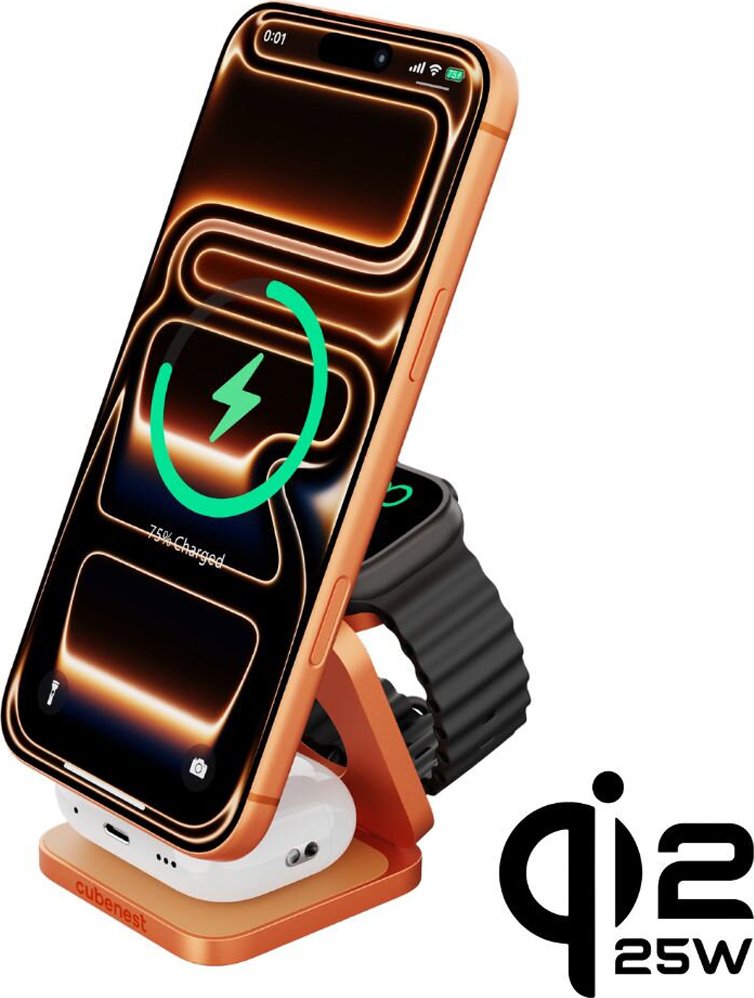 Nabíječka CUBENEST Qi2.2 3v1 Ultra magnetická bezdrátová - oranžová