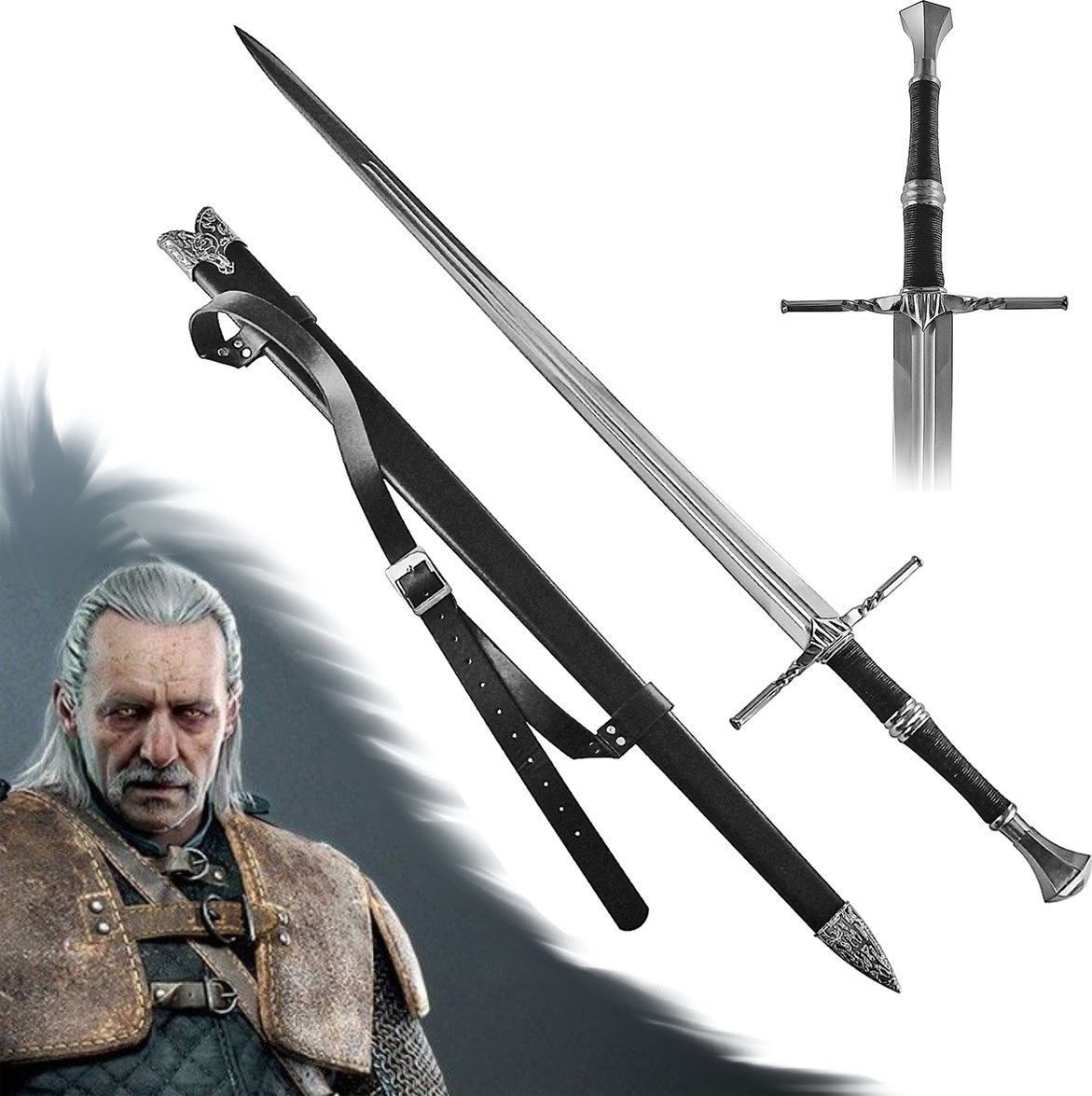 CHZ Luxusní ostrý meč Zaklínač/Witcher "VESEMIR'S SWORD" s pevnou pochvou a popruhem! Funkční!