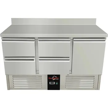 DASgastro Chladící stůl / přípravný stůl 1,37 mx 0,7 m - s 1 dveřmi a 4 šuplíky vlevo a zadním lemem