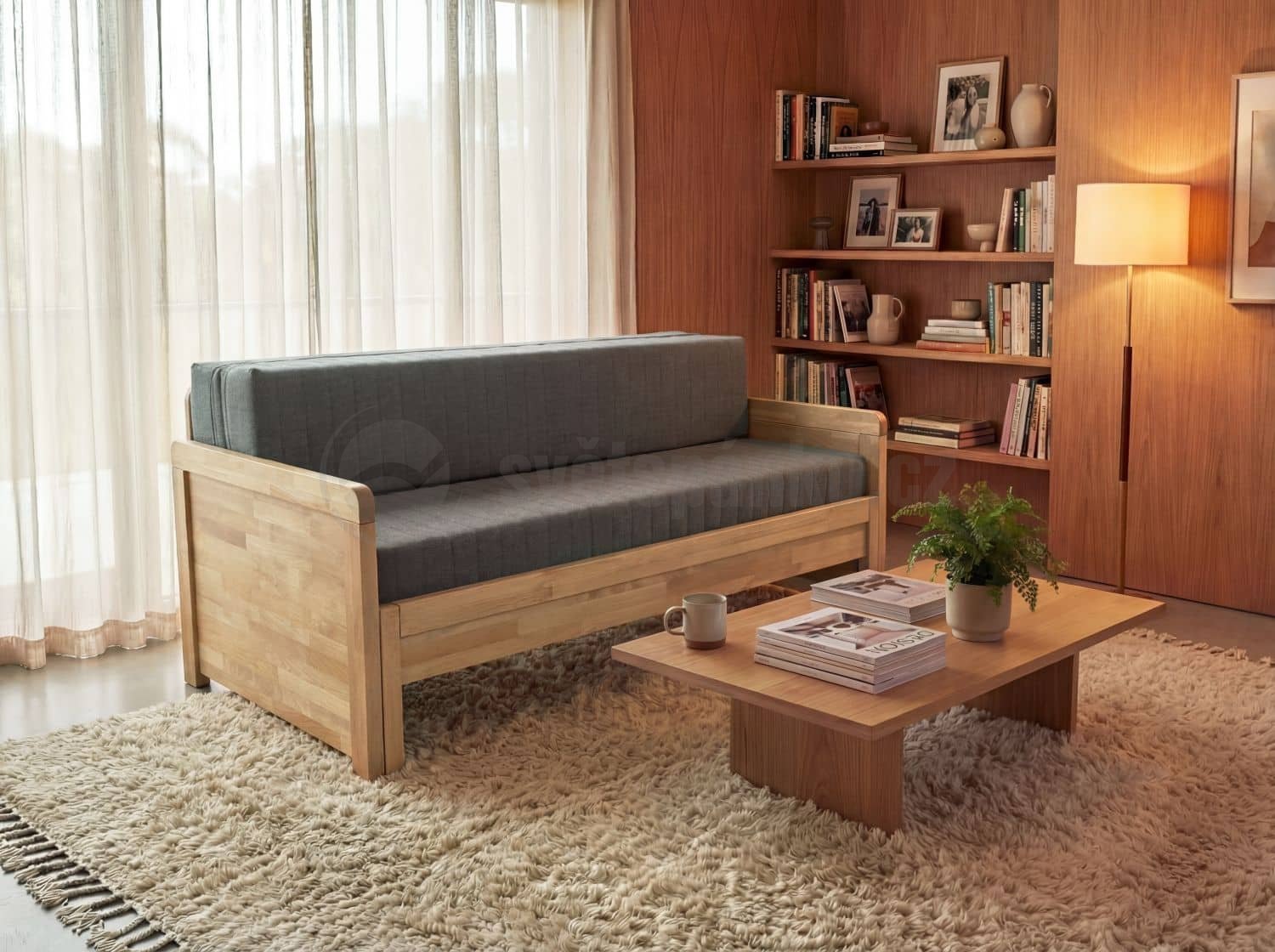 Dřevěná pohovka LEONARDO z bukového, jasanového nebo dubového masivu výrobce světspánku.cz. U-200x90, LEONARDO DUO rozkládací (olej Šedý, divoký jasan), LEONARDO akční set matrací pro rozkládací pohovky