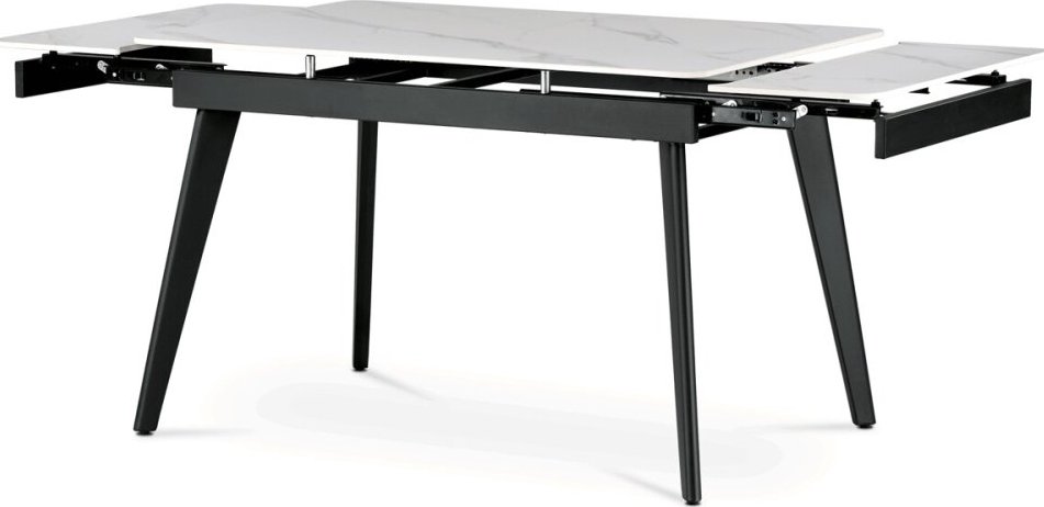 Jídelní stůl 120+30+30x80 cm, keramická deska bílý mramor, kov, černý matný lak