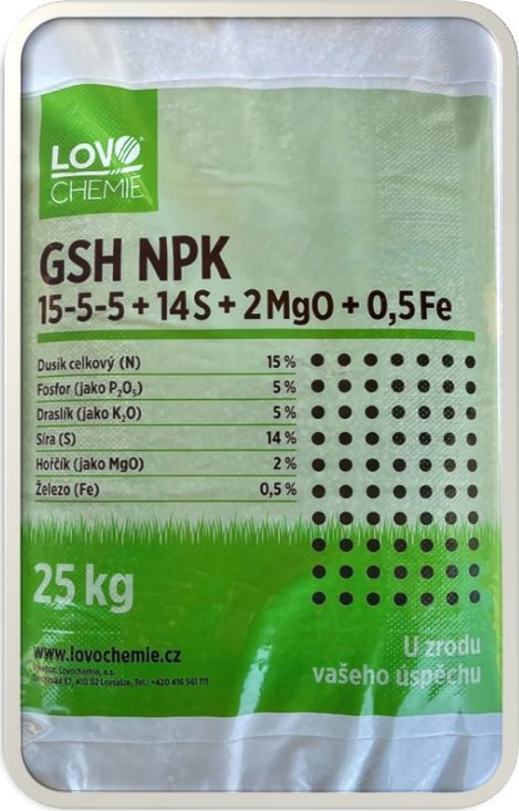 Lovochemie Trávníkové hnojivo jarní a letní : GSH NPK 15-5-5+14S+2MgO+0,5Fe hmotnost: 25kg