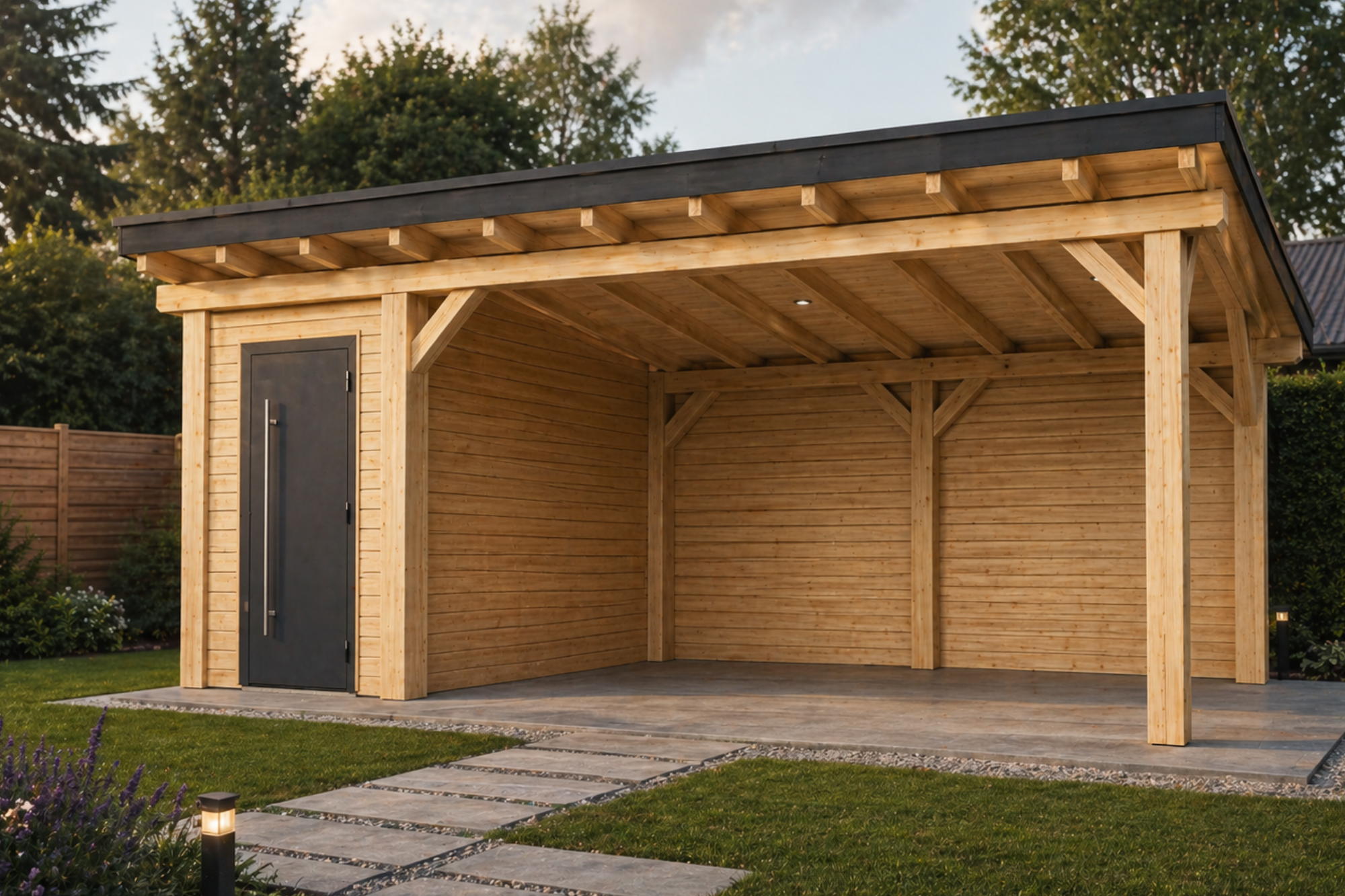 Pergola 8 s pultovou střechou a zahradním domkem 7,5x3,9m