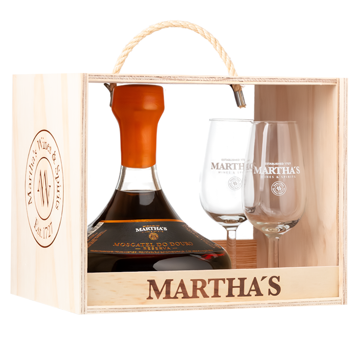 Portské víno Martha s Moscatel do Douro Reserva – Decanter Noble v dřevěném boxu se 2 skleničkami, 750 ml