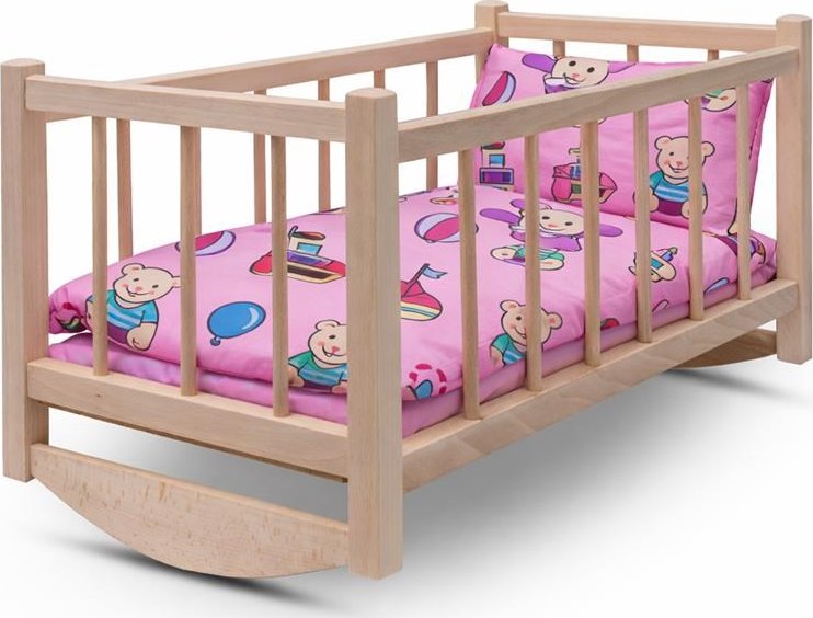 Dřevěná postýlka-kolébka pro panenky s povlečením Baby Mix bears