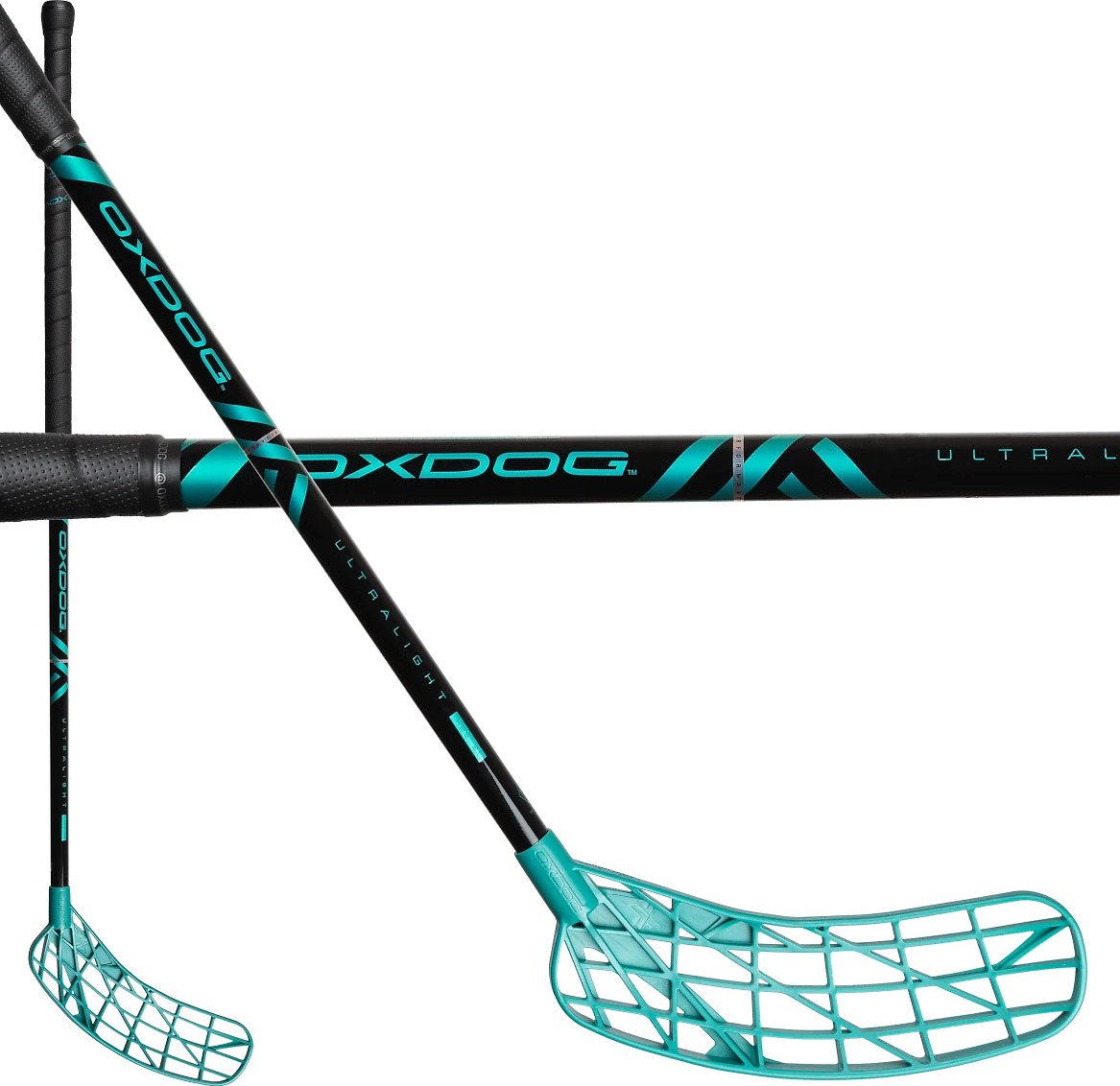 Oxdog ULTRALIGHT HES 31 TQ ROUND MB Florbalová hůl černá / tyrkysová, Pravá (pravá ruka dole), 92cm (=102cm)