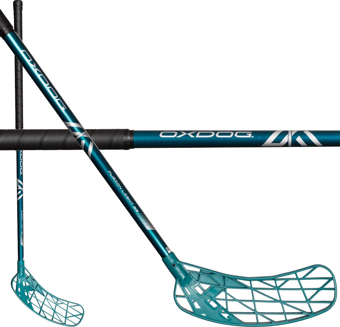 Oxdog FUSION LIGHT 32 TQ ROUND NB Florbalová hůl černá / tyrkysová, Pravá (pravá ruka dole), 87cm (=97cm)
