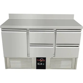 DASgastro Chladící stůl / přípravný stůl 1,37 mx 0,7 m - s 1 dveřmi a 4 šuplíky v pravo a zadním lemem