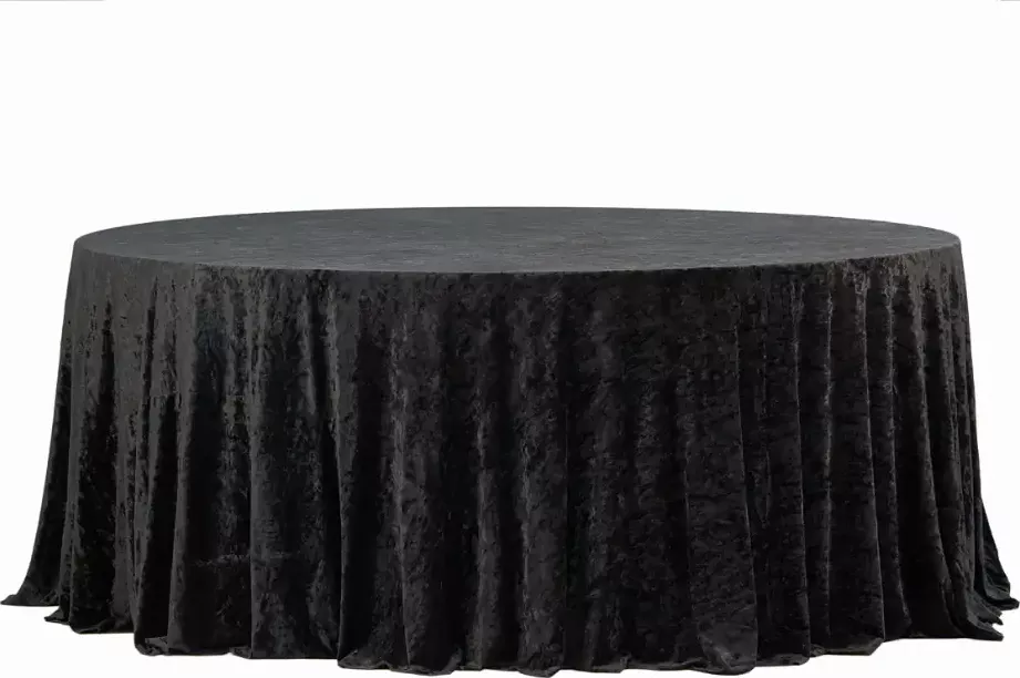 Rozměry: Průměr: 340 cm Materiál: Velur Barva: Černá Vlastnosti: Elegantní a luxusní design Měkká a hladká velurová tkanina Elastický lem pro lepší přizpůsobení Snadná údržba a čištění Využití: Ideální pro slavnosti, bankety, svatební hostiny, f