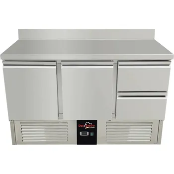 DASgastro Chladící stůl / přípravný stůl 1,37 mx 0,7 m - se 2 dveřmi a 2 šuplíky v pravo a zadním lemem