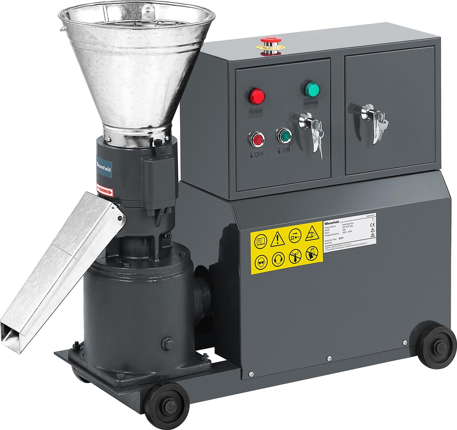 Wiesenfield Lis na pelety - max. 100 kg/h - Ø 120 mm - uzamykatelná přihrádka - 2 válce WIE-PM-1500