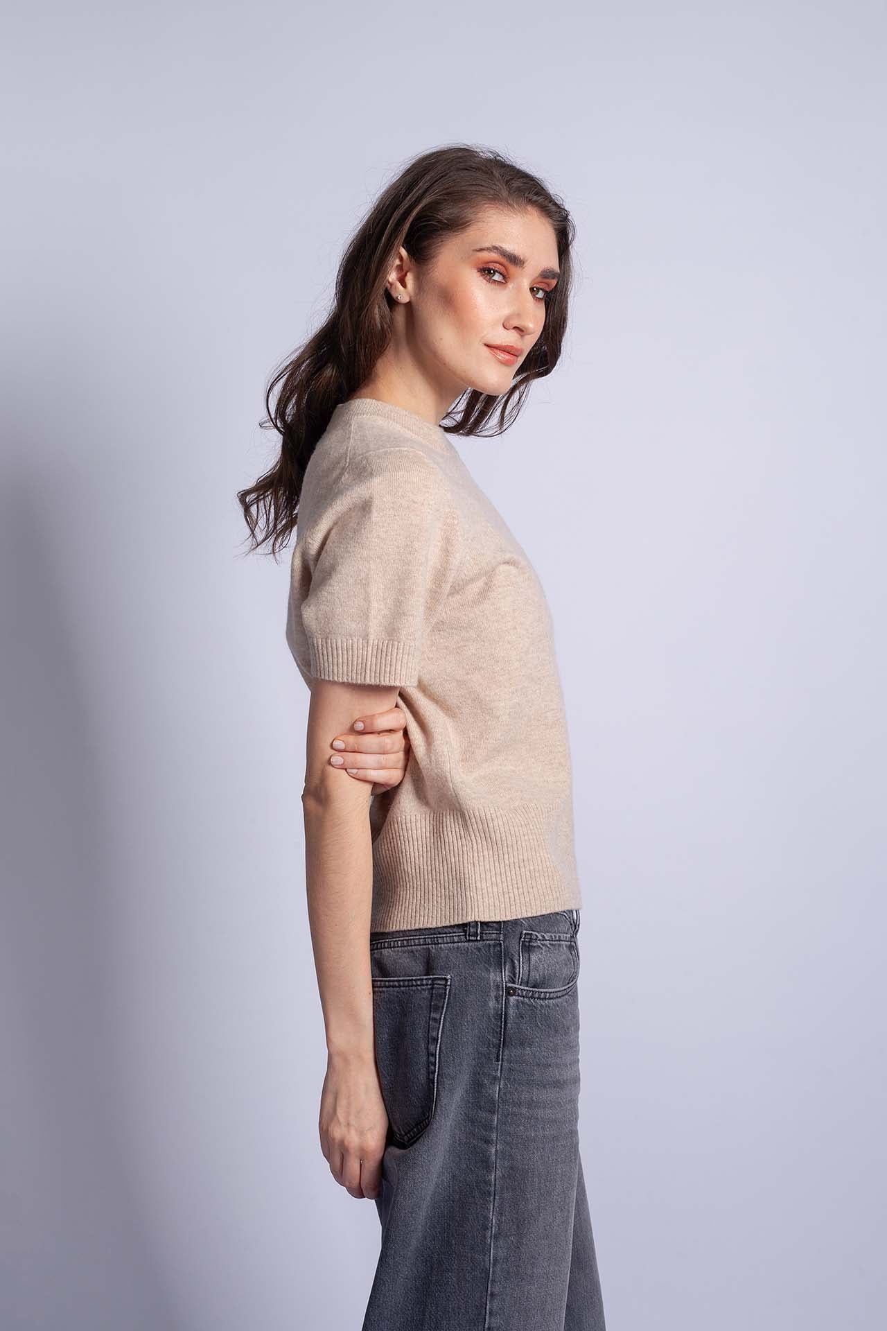 Merino/kašmír svetr s krátkým rukávem SHORTY béžový S / Béžová