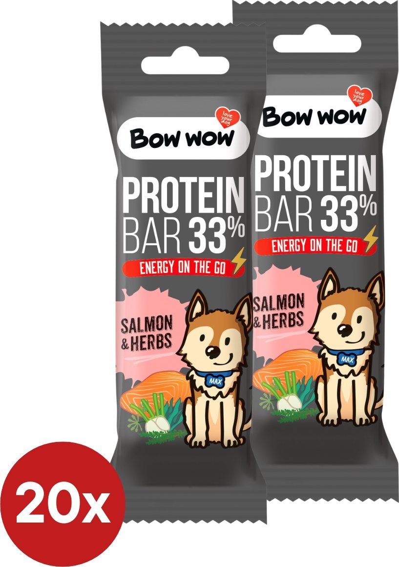 Proteinové tyčinky Bow wow Losos a bylinky BOX - 33 % bílkovin, 20 ks