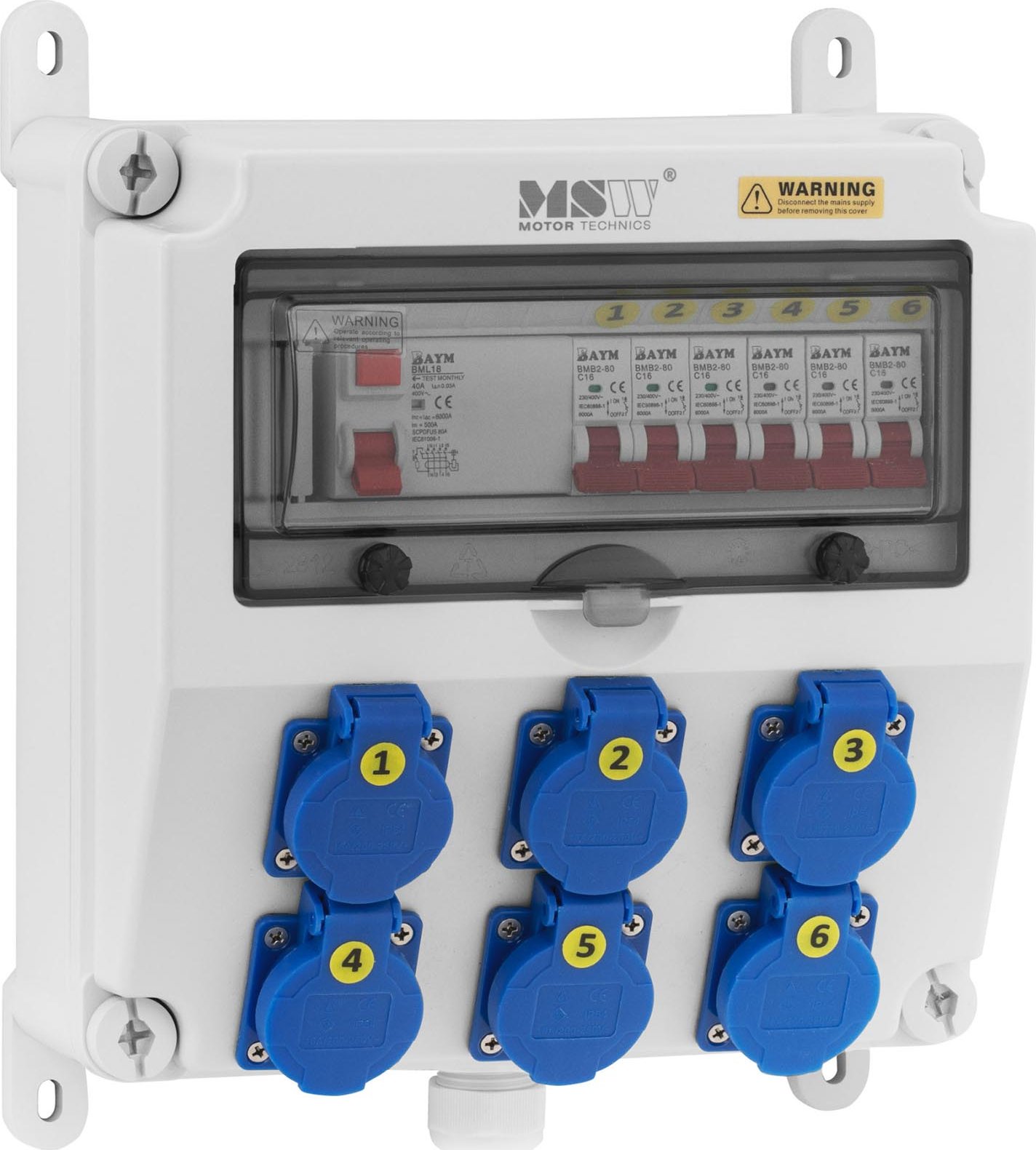 MSW Rozvaděč - 6 zásuvek Schuko - FI jistič - 6 jističů MSW-WPD-6V