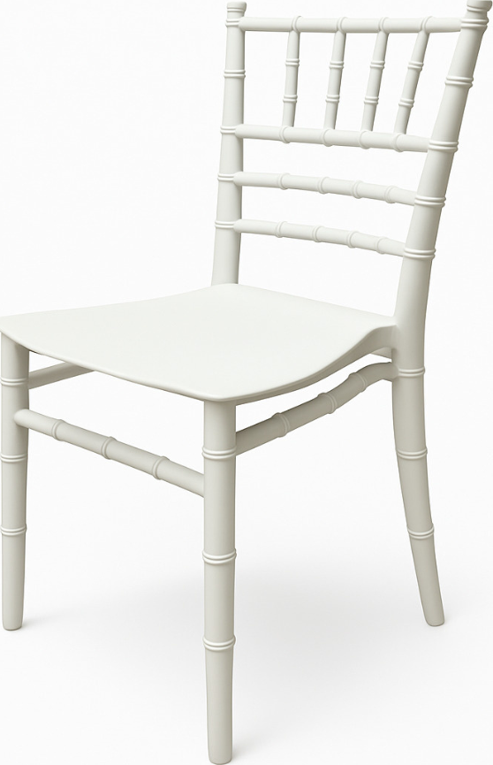 Rozměry židle Chiavari: Celková výška: 55 cm výška po sedák: 29,5 cm výška opěradla: výška opěradla: 26,5 cm šířka židle: 30,5 cm šířka sedáku: 30,5 cm hloubka sedáku: 30 cm: 29 cm Barva: bílá Materiál: polypropylen