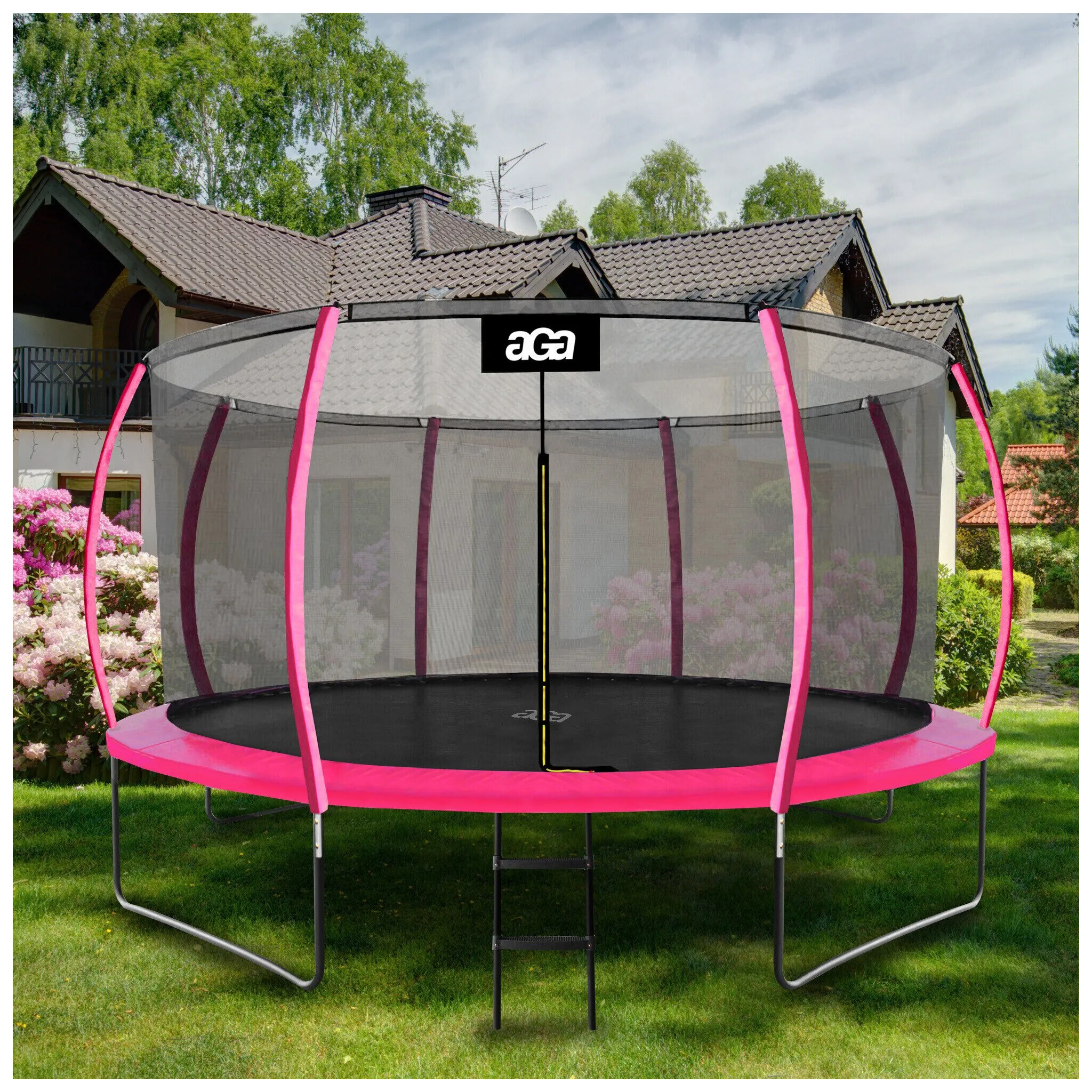 Fotografie 5 - Trampolína Aga Sport Exclusive 366 cm růžová + ochranná síť + žebřík