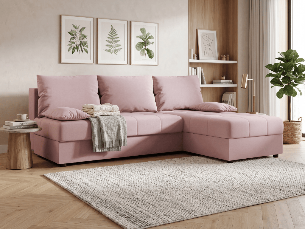 Rozkládací oboustranná sedací souprava do L VENORIA SLIM 200x143 cm, pudrově růžová + 2 polštářky ZDARMA Cosmic 14