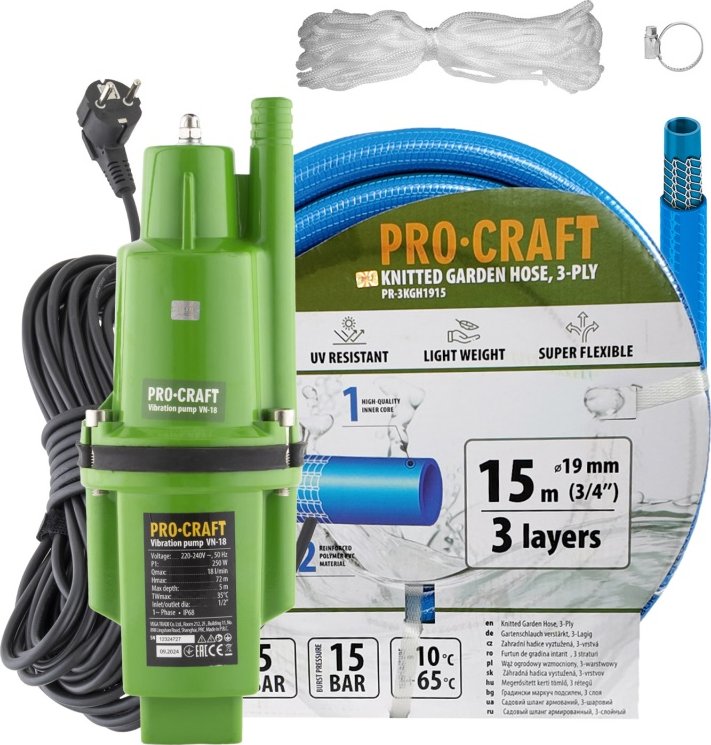Vibrační čerpadlo Procraft VN-18 sada s hadicí 15m 3/4"