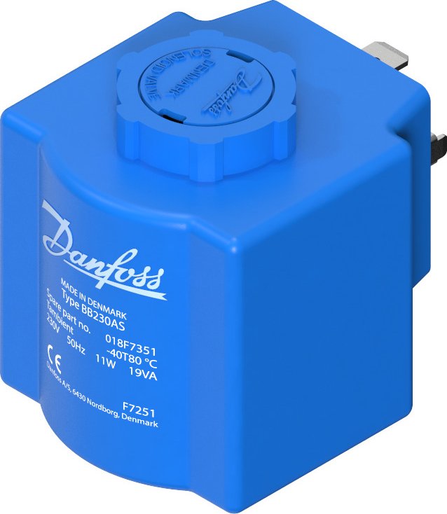 Danfoss Cívka solenoidu, BB230AS, Štítek DIN, Napájecí napětí [V] AC: 230, Průmyslové balení (018F8351)