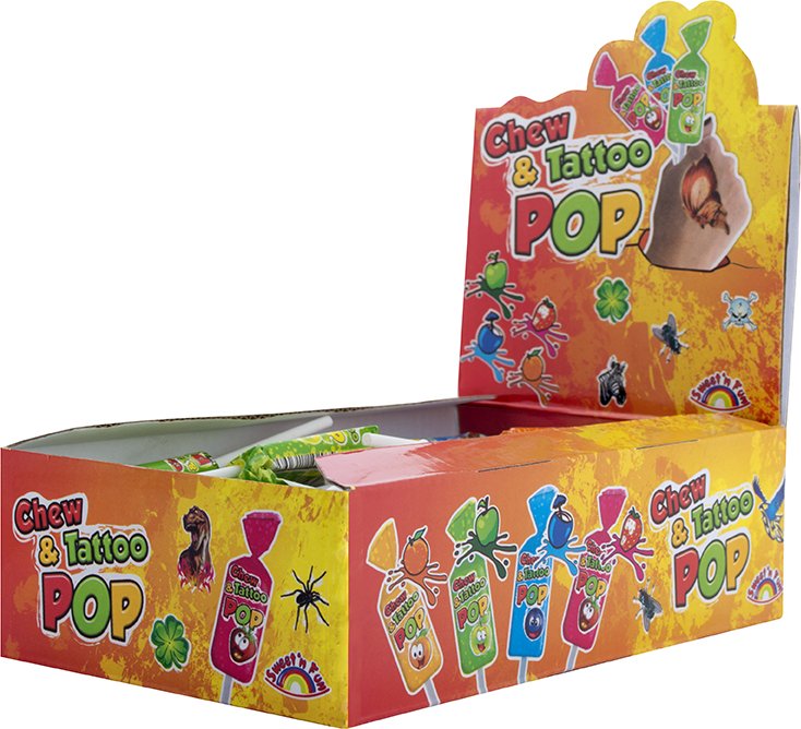Chew & Tattoo pop – karamelová lízátka 8g (Karamelová lízátka, která se rozplývají na jazyku a nabízí nečekaně pestrou paletu příchutí. Každé navíc skrývá tetováčku jako překvapení. Sbírejte, lepte, bavte se a vstupte tak do světa sladkého dobrodružství!)