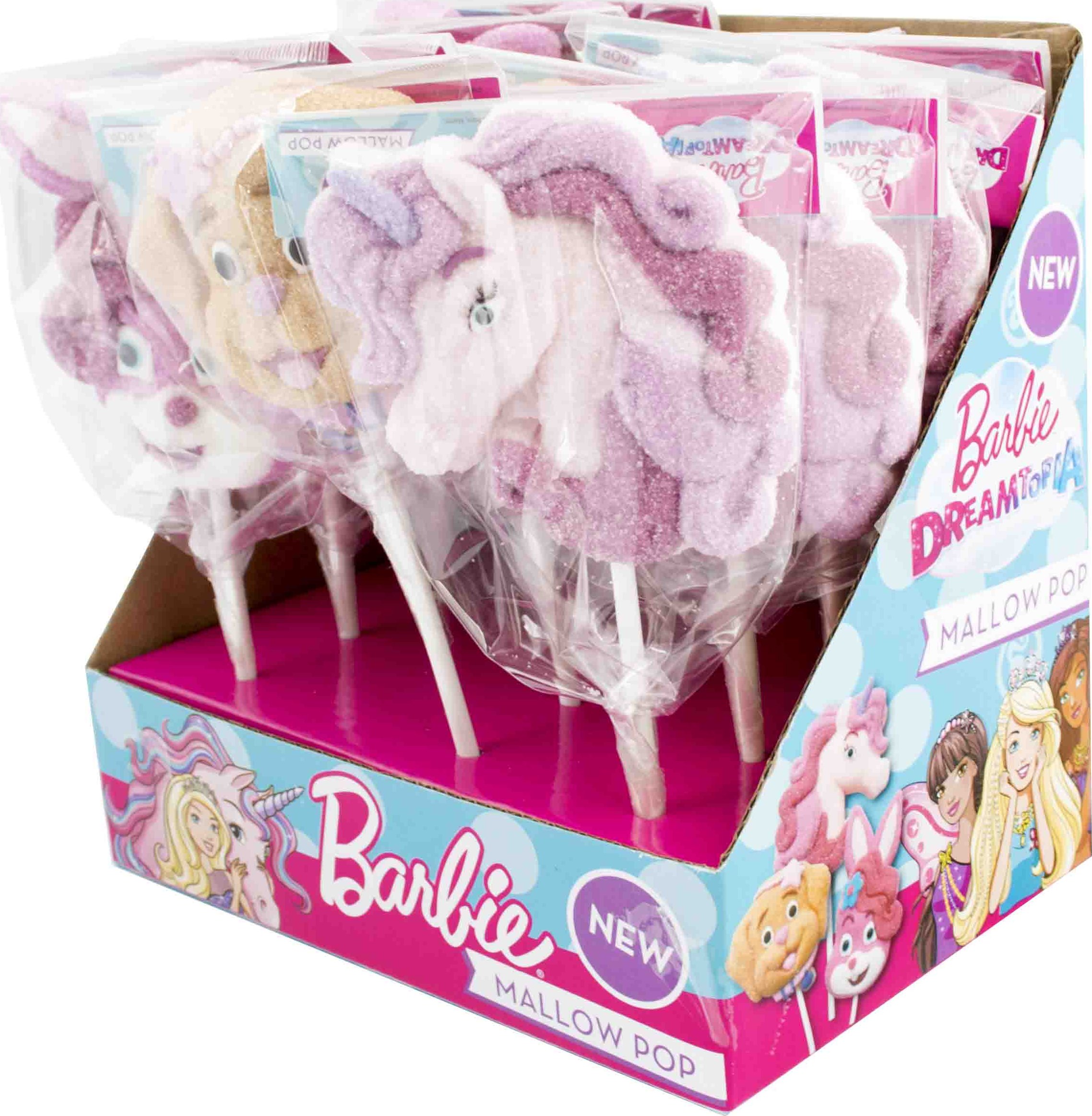 Barbie Marshmallow Pop - marshmallow lízátka 35g (Obláčkově jemné marshmallow lízátka s motivem Barbie jsou sladkým snem každé malé princezny! Růžové tóny, hravý design a nadýchaná chuť z něj dělají dokonalou pochoutku i stylový dárek. Ideální do balíčku