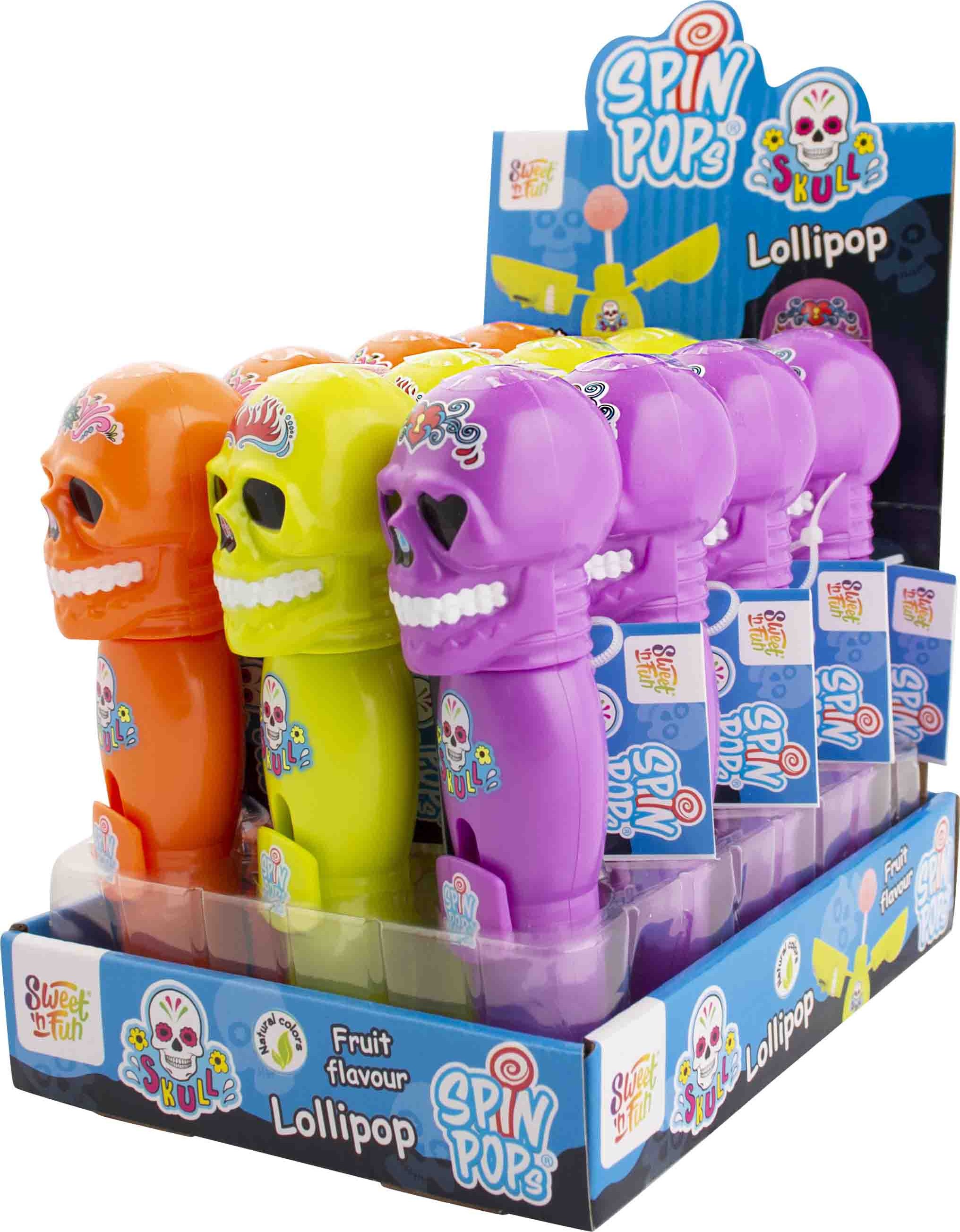 Skull Spin Pop - hračka s lízátkem 8g (Hravá sladkost s lízátkem a výrazným motivem lebky přitáhne pozornost nejen během Halloweenu, ale po celý rok. Kombinuje zábavný design s lahodnou chutí, takže potěší děti i dospělé.)