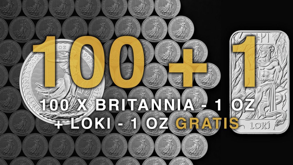 100+1 - 100 Britannia (2026) - 1 Oz - stříbrná investiční mince + LOKI 1 Oz - stříbrný slitek