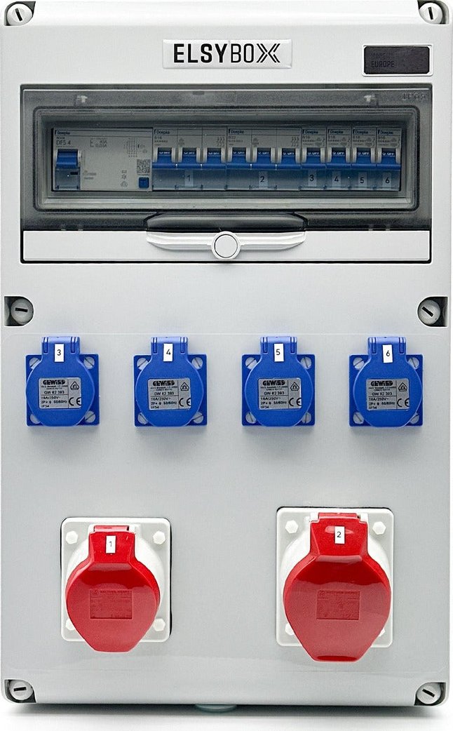 ELSYBOX P698F01140F Zásuvková skříň 1x CEE 16A, 1x CEE 32A, 4x 230V, IP44, jištěná, s chráničem