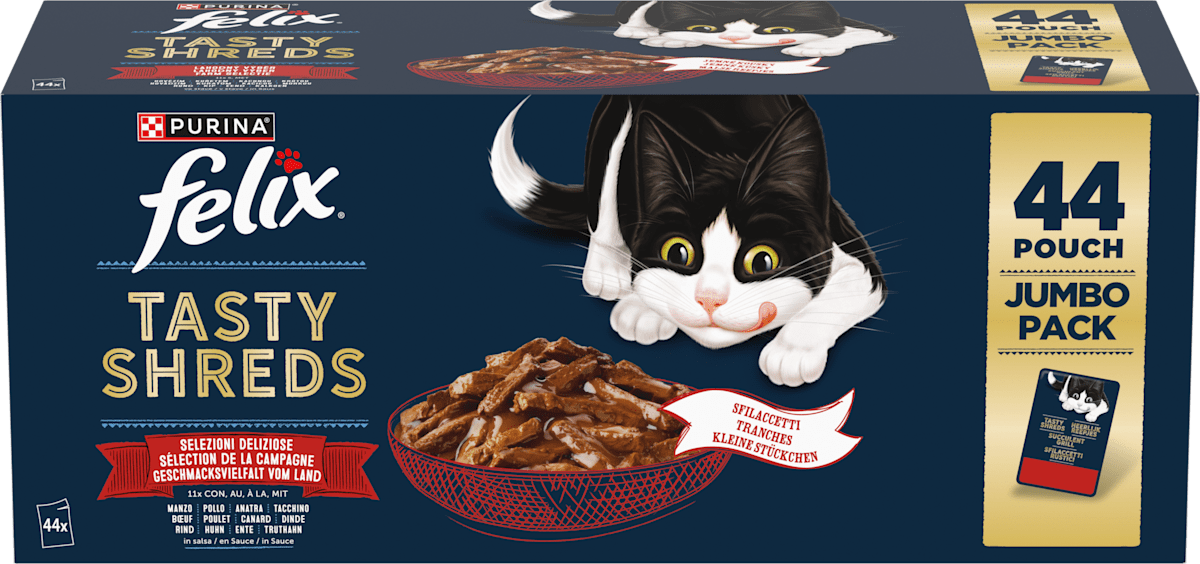 Felix Tasty Shreds kapsičky pro kočky hovězí, kuře, kachna, krůta ve šťávě 44x80g