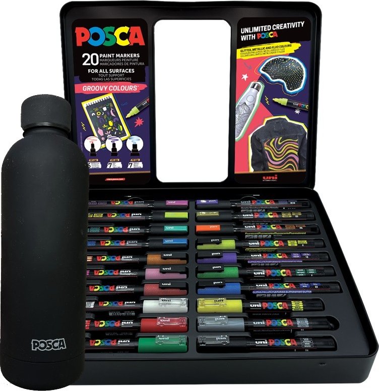 Akrylové fixy UNI POSCA Groovy Colours, 20 ks v kovové krabičce + DÁREK termoláhev ZDARMA