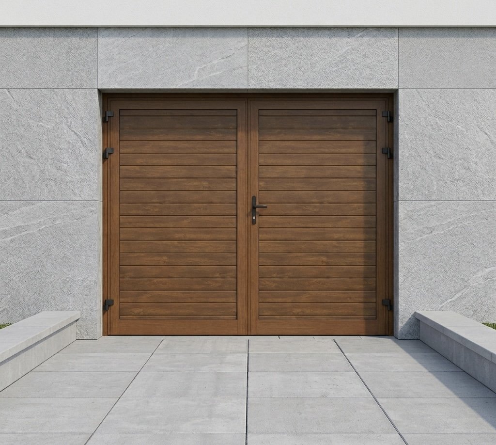 Dvoukřídlá hliníková garážová vrata Kružík rozměr šířka 2375x2150 dřevodekory woodgrain zateplená STANDARD Barva: Zlatý dub