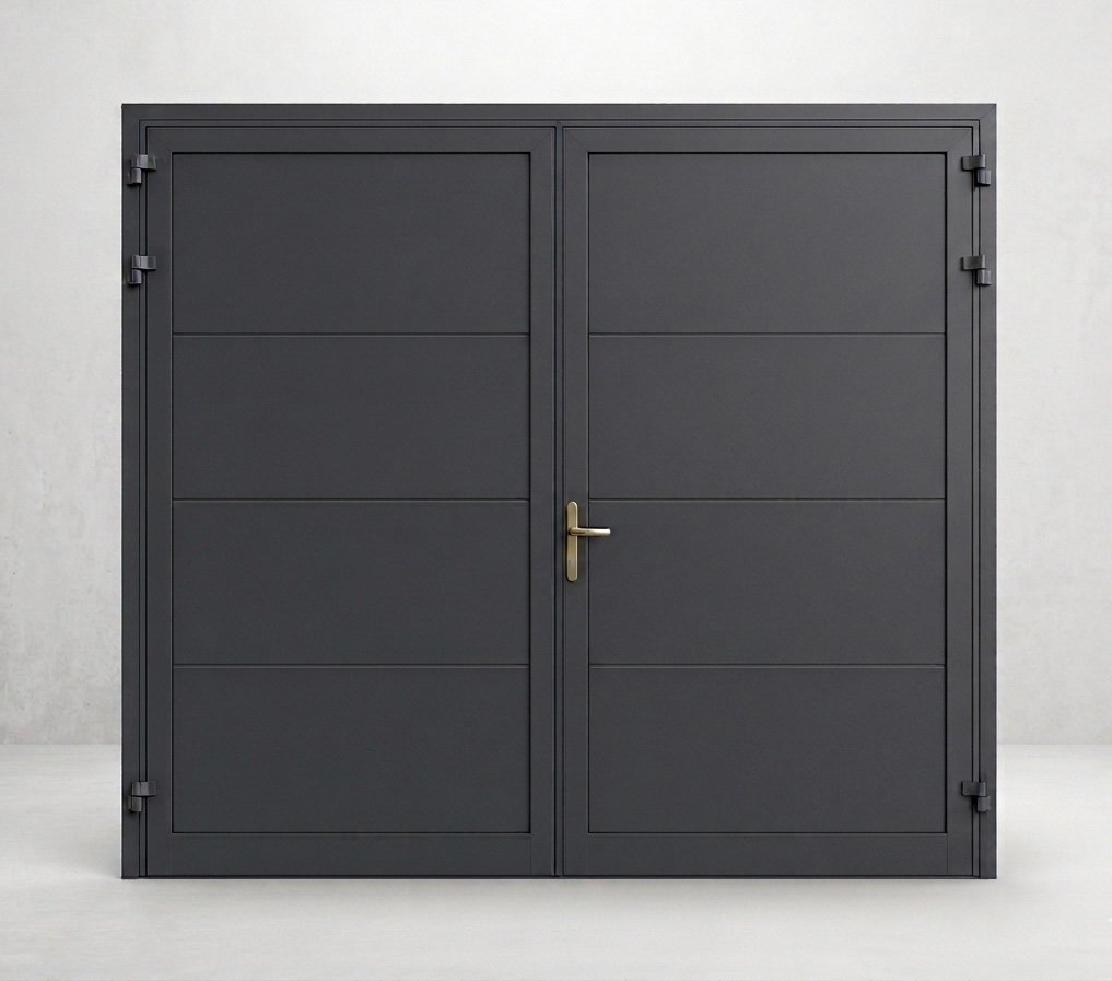 Dvoukřídlá hliníková garážová vrata Kružík hladký panel RAL 7016 šířky 2375 a výšky 2000 mm.