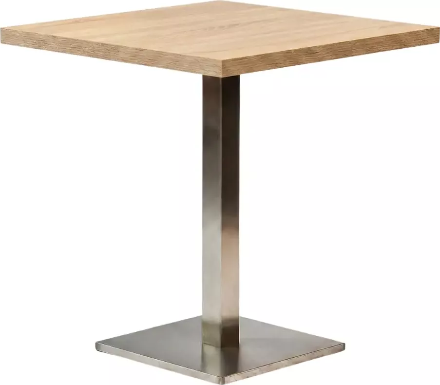 Rozměry: Noha: 90 × 90 × 660 mm Základna 500 × 500 mm Tloušťka oceli 1 mm Deska: 800 × 800 mm Tloušťka desky: 36 mm Celková výška: 720 mm (podstavec) + 36 mm deska Podložní deska: 350 × 350 mm Vlastnosti desky: Barva dub Sonoma Povrchová úprava laminátem