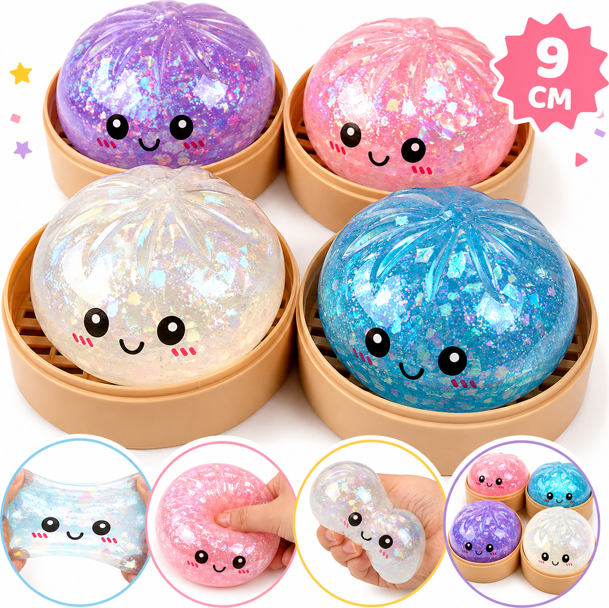Mystery Glitter Squishy Dumpling – třpytivý mačkací knedlík 9 cm