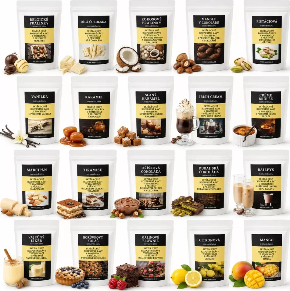 Degustační sada rozpustné kávy Trezor chutí 20×25g – ochucená káva bez cukru