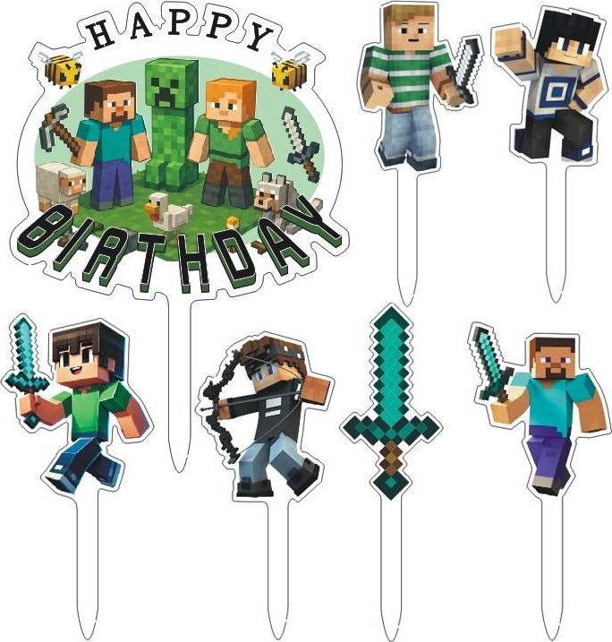 Zápich na dort Happy Birthday Minecraft 7ks Cakesicq