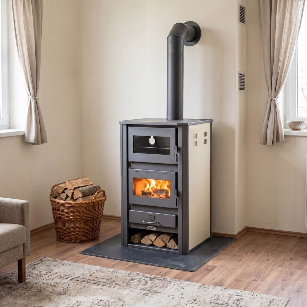 Krbová kamna BLIST MILANO E s výměníkem a troubou, 23 kW, krémová