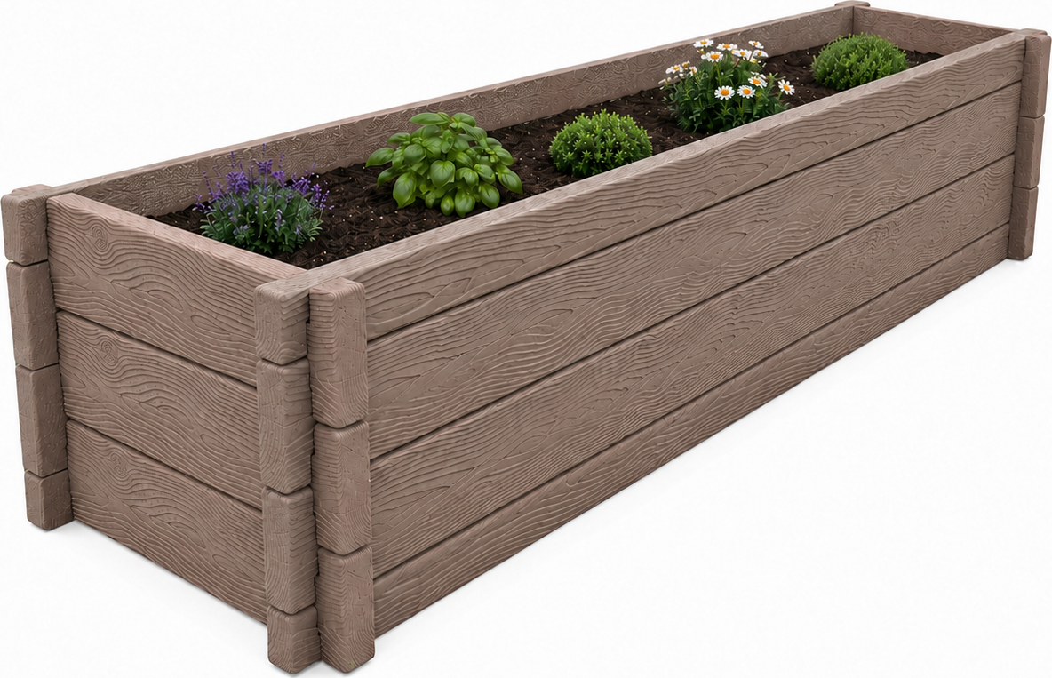 Báča Beton Betonový vyvýšený záhon - imitace dřeva 200 x 80 cm Výška záhonu: 25 cm, Barva záhonu: Hnědá