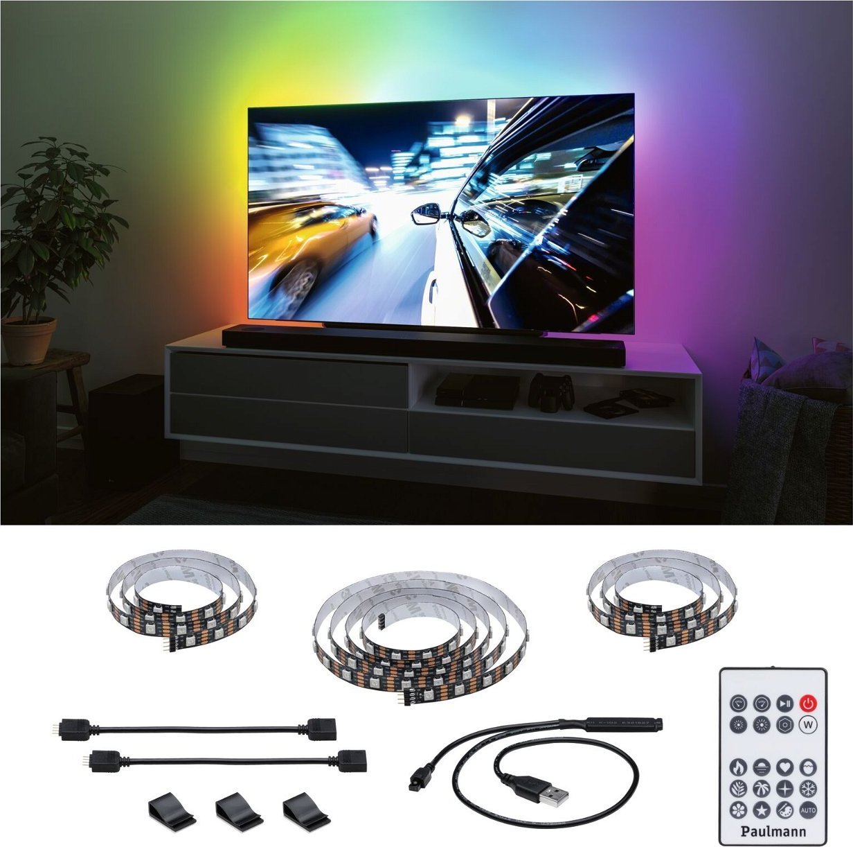 PAULMANN EntertainLED USB LED Strip osvětlení TV 65 palců 2,4m 4W 60LEDs/m RGB+ - PAULMANN P 78881