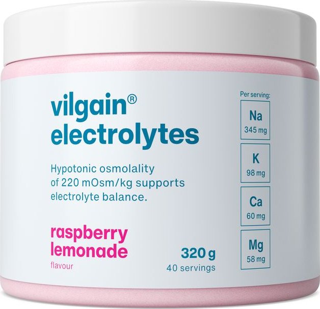Vilgain Elektrolyty –⁠ jednoduché složení a svěží chuť, v podobě rozpustného prášku, doplněk stravy - malinová limonáda 320 g