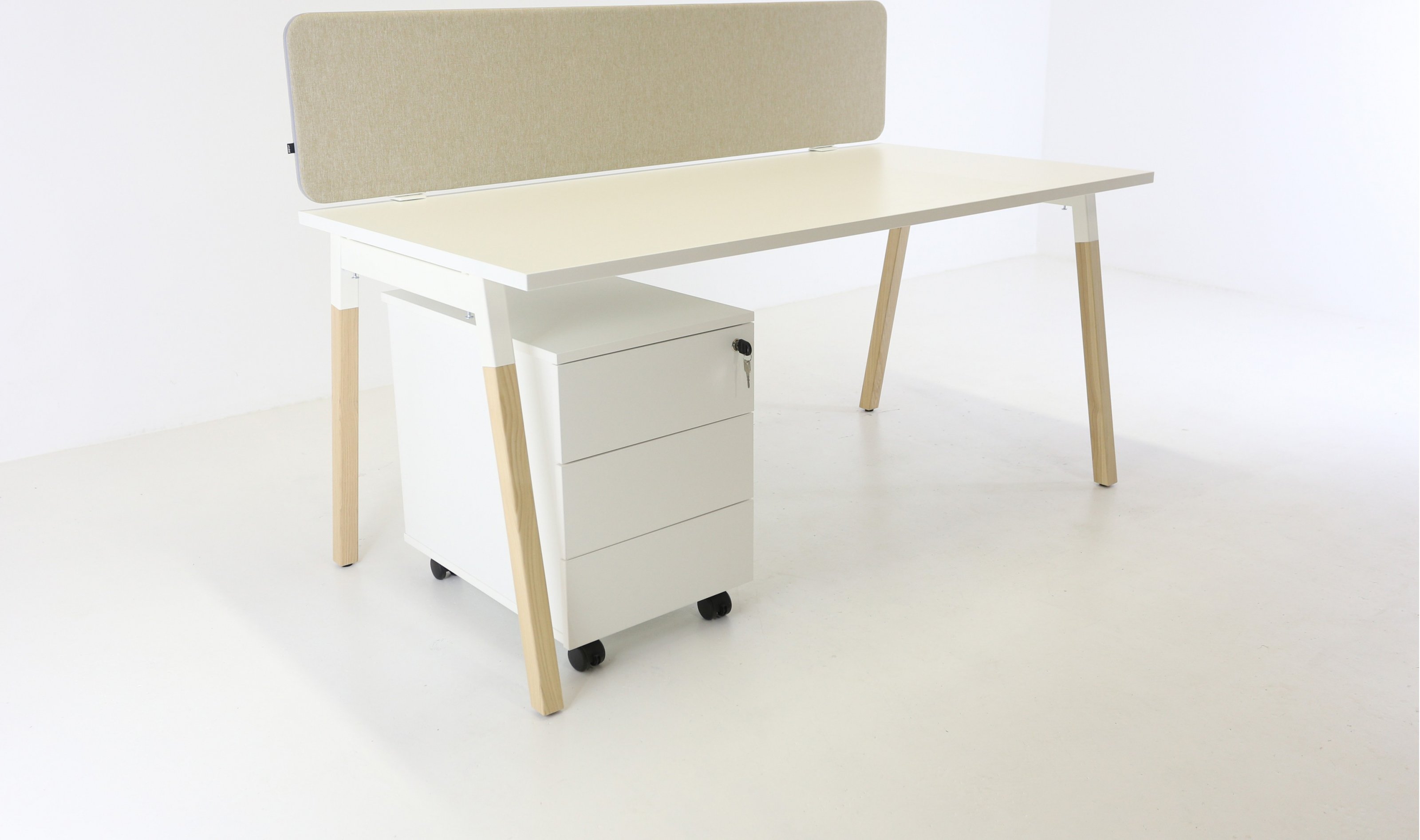 MDD Set: Stůl OGI W 160x80 + kontejner + paraván, bílá/dřevo
