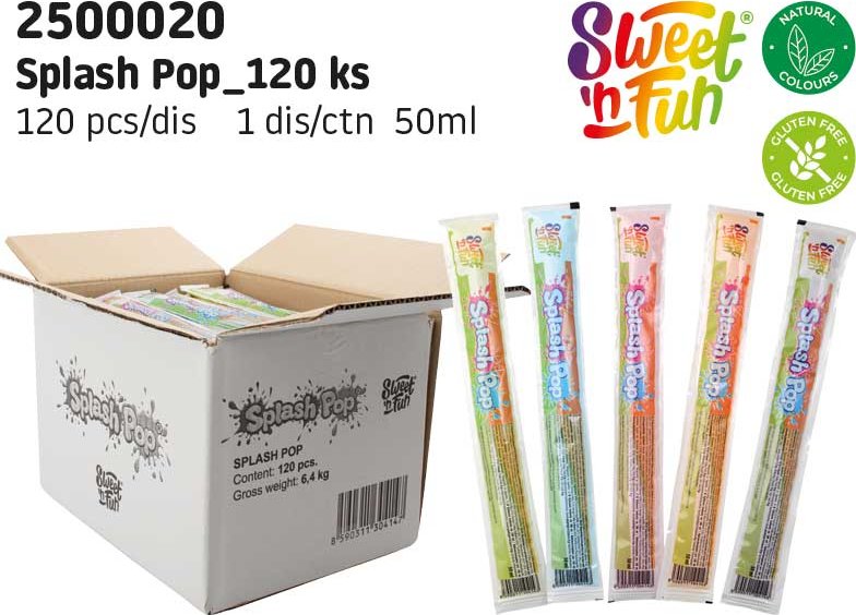Splash Pop - vodová zmrzlina s ovocnou příchutí 50g (Vodová zmrzlina Splash Pop k zamrazení s lahodnou ovocnou příchutí. Skvělé letní osvěžení do kapsy, které zaručeně ochladí v horkých dnech. Stačí dát zamrazit a hravá ledová svačinka pro děti i dospělé