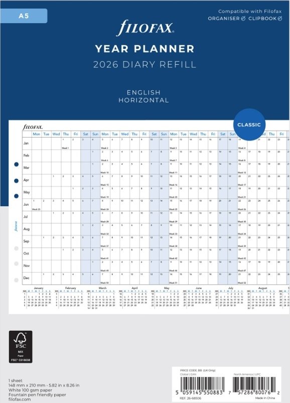 Filofax horizontální kalendář 2026 plánovací AJ - A5